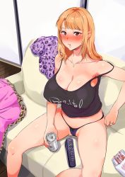 Rule 34 | 1girl, alcohol, ane wa yanmama junyuuchuu in jikka, armpits, bare shoulders, beer, beer can, black panties, blonde hair, blush, breasts, cameltoe, can, cleavage, collarbone, controller, couch, covered erect nipples, dress, drink can, drunk, engawa suguru, eyelashes, female focus, food, from above, full-face blush, holding, huge breasts, indoors, jewelry, light brown hair, long hair, looking at viewer, mature female, necklace, panties, parted lips, purple panties, remote control, ring, sano aika, sitting, solo, underwear, wedding band