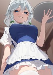 Rule 34 | 1girl, apron, blue dress, blue eyes, bow, breasts, commentary request, dress, from below, green bow, grey hair, hair bow, highres, holding, holding tray, izayoi sakuya, kanpa (campagne 9), large breasts, maid, maid apron, seductive smile, short dress, smile, solo, thighhighs, thighs, touhou, tray, white apron, white hair, white thighhighs, zettai ryouiki