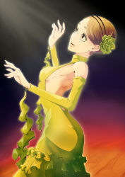 Rule 34 | 1girl, akagi mako, ass, ballroom e youkoso, breasts, brown eyes, brown hair, dark background, detached sleeves, dress, flower, hair flower, hair ornament, hands up, highres, indoors, looking up, o sho, parted lips, short hair, small breasts, solo, wooden floor, yellow dress