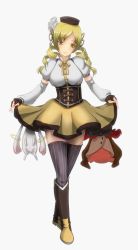 Rule 34 | 10s, 1girl, bad id, bad pixiv id, beret, blonde hair, boots, charlotte (madoka magica), corset, detached sleeves, drill hair, fingerless gloves, gloves, hat, highres, kyubey, magical girl, mahou shoujo madoka magica, mahou shoujo madoka magica (anime), mami mogu mogu, no nose, polpon, puffy sleeves, role reversal, simple background, smile, thighhighs, tomoe mami, twin drills, twintails, yellow eyes, zettai ryouiki