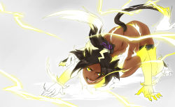 Rule 34 | 1girl, animal ears, black hair, bleach, cat ears, cat tail, elbow gloves, electricity, energy, gloves, glowing, glowing eyes, lightning, long hair, looking at viewer, open mouth, ponytail, shihouin yoruichi, solo, tagme, tail, thighhighs, top-down bottom-up, yellow eyes
