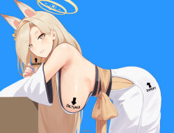 Rule 34 | 1girl, animal ears, arrow (symbol), bare shoulders, blonde hair, blue archive, blue background, blush, breasts, detached sleeves, english text, extra ears, fox ears, hair over one eye, hairband, halo, japanese clothes, kaho (blue archive), kimono, kion-kun, large breasts, long hair, looking at viewer, mole, mole under mouth, nail polish, orange halo, pink nails, sideboob, signature, solo, thick eyebrows, twitter username, white kimono, wide sleeves, yellow eyes