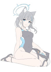 Rule 34 | 1girl, absurdres, animal ear fluff, animal ears, black one-piece swimsuit, blue archive, blue eyes, blue halo, competition swimsuit, cross, cross hair ornament, extra ears, grey hair, hair ornament, halo, highleg, highleg swimsuit, highres, inverted cross, masabodo, mismatched pupils, multicolored clothes, multicolored swimsuit, multiple halos, official alternate costume, one-piece swimsuit, ponytail, shiroko (blue archive), shiroko (swimsuit) (blue archive), solo, swimsuit, two-tone swimsuit