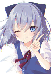 Rule 34 | 1girl, black bow, blue dress, blue eyes, bow, cirno, collared shirt, commentary request, dress, dress shirt, grey hair, grin, hair between eyes, hair bow, looking at viewer, neck ribbon, one eye closed, puffy short sleeves, puffy sleeves, purin jiisan, red ribbon, ribbon, shirt, short sleeves, simple background, sleeveless, sleeveless dress, smile, solo, touhou, upper body, v, white background, white shirt