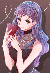 Rule 34 | 1girl, alternate costume, black dress, blue hair, braid, brown background, brown eyes, candy, chocolate, chocolate heart, closed mouth, crown braid, dress, fire emblem, fire emblem: three houses, food, heart, highres, holding, holding chocolate, holding food, lips, long hair, looking at viewer, marianne von edmund, mixed-language commentary, nintendo, pink lips, sleeveless, sleeveless dress, smile, solo, twitter username, wavy hair, yutohiroya