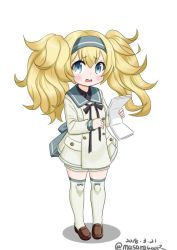Rule 34 | 1girl, blonde hair, blue eyes, blue hairband, blue sailor collar, commentary, dated, dress, gambier bay (kancolle), hair between eyes, hairband, kantai collection, long hair, looking at viewer, map (object), masara (chuujou), one-hour drawing challenge, open mouth, sailor collar, sailor dress, simple background, solo, standing, thighhighs, twintails, twitter username, white background, white dress, white thighhighs
