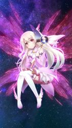 Rule 34 | 1girl, black thighhighs, blonde hair, boots, cape, cross, detached sleeves, dress, fate/kaleid liner prisma illya, fate (series), feather hair ornament, feathers, full body, gloves, hair between eyes, hair ornament, highres, holding, illyasviel von einzbern, kaleidostick, long hair, magical girl, magical ruby, magical sapphire, mana wings, pink dress, pink feather, pink footwear, prisma illya, red eyes, solo, staff, thigh boots, thigh strap, thighhighs, transparent background, white gloves, wings