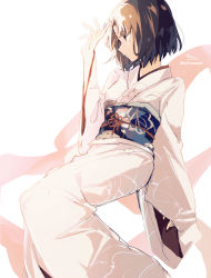 Rule 34 | 1girl, absurdres, arm up, brown eyes, brown hair, brown ribbon, closed mouth, from side, highres, japanese clothes, kara no kyoukai, kimono, long sleeves, looking away, obi, ribbon, ryougi shiki, sash, short hair, signature, sleeves past wrists, sofra, solo, twitter username, white background, white kimono, wide sleeves