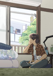 Rule 34 | 1boy, 1girl, absurdres, air conditioner, animal, animal on lap, balcony, bed, blue pants, brown eyes, brown hair, calico, carpet, cat, cat on lap, collared shirt, crossed ankles, cushion, hair between eyes, hand on own chin, head rest, highres, indoors, kojiro337, looking at another, on lap, open clothes, open door, open shirt, original, pants, plaid, plaid shirt, railing, shirt, short hair, short sleeves, sidelocks, signature, sitting, solo focus, table, tree, white shirt, wooden table