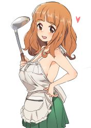 Rule 34 | 1girl, absurdres, apron, bad id, bad twitter id, bare shoulders, blunt bangs, blush, breasts, brown eyes, dorontabi, girls und panzer, green skirt, heart, highres, holding, holding ladle, ladle, large breasts, long hair, looking at viewer, nearly naked apron, no bra, non-web source, open mouth, orange hair, pleated skirt, simple background, sketch, skirt, smile, solo, takebe saori, upper body, white background