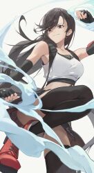 1girl armpit_peek bare_shoulders black_hair black_skirt black_thighhighs boots closed_mouth commentary crop_top dust_cloud earrings fighting_stance final_fantasy final_fantasy_vii final_fantasy_vii_remake fingerless_gloves foot_out_of_frame foot_up gloves highres jewelry long_hair looking_to_the_side midriff miniskirt muhan_(user_azze8777) red_boots single_earring skirt smile solo suspender_skirt suspenders tank_top thighhighs tifa_lockhart white_background white_tank_top