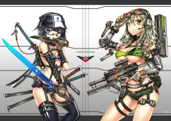 Rule 34 | 2girls, aqua eyes, bikini, black hair, breasts, cleavage, elbow gloves, gia, glasses, gloves, goggles, goggles on head, green eyes, green hair, gun, hat, headset, highres, holding, holding gun, holding weapon, large breasts, long hair, multiple girls, original, short hair, short shorts, shorts, single elbow glove, small breasts, swimsuit, thighhighs, trigger discipline, weapon