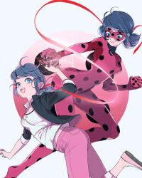 Rule 34 | 2girls, :d, ahoge, black bodysuit, black jacket, blue eyes, blue hair, bodysuit, domino mask, dual persona, earrings, from side, highres, jacket, jewelry, ladybug (character), long hair, long sleeves, marinette dupain-cheng, mask, miraculous ladybug, multiple girls, open clothes, open jacket, open mouth, pants, pink pants, polka dot, red background, red bodysuit, seio (nao miragggcc45), shirt, shoes, short hair, smile, superhero costume, teeth, twintails, upper teeth only, white background, white shirt