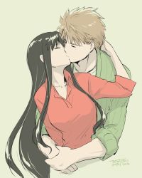 Rule 34 | 1boy, 1girl, aged up, arm around shoulder, arms around waist, black hair, closed eyes, commentary request, couple, dated, emiya shirou, fate/stay night, fate (series), green background, hair down, hetero, kiss, kiss day, long hair, orange hair, red shirt, shirt, signature, simple background, tohsaka rin, toyoyuki, upper body