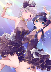 Rule 34 | 2girls, absurdres, arm up, armpits, asymmetrical bangs, black dress, black gloves, black hairband, blue eyes, blue hair, bob cut, breasts, cleavage, colored inner hair, commentary, dancing, dark blue hair, diagonal bangs, dollchestra, dress, dress flower, elbow gloves, eye contact, flower, frilled dress, frilled hairband, frills, gloves, gold bracelet, grey hair, hair flower, hair ornament, hairband, highres, inverted bob, jewelry, kobassy, light rays, link! like! love live!, long hair, looking at another, love live!, low twintails, medium breasts, multicolored hair, multiple girls, murano sayaka, pink eyes, pink hair, purple background, ring, see-through, see-through cleavage, short dress, short hair, single elbow glove, sparkle, sparkly spot (love live!), strapless, strapless dress, streaked hair, twintails, white flower, yugiri tsuzuri