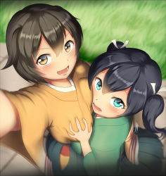 Rule 34 | &gt;:), 10s, 2girls, :d, arm up, asymmetrical docking, black hair, blue eyes, blue hakama, blurry, blush, breast press, breasts, brown eyes, brown hair, cowboy shot, depth of field, foreshortening, from above, grabbing, grabbing another&#039;s breast, grass, green kimono, hair between eyes, hair ribbon, hakama, hakama short skirt, hakama skirt, hand on another&#039;s back, hiryuu (kancolle), japanese clothes, kantai collection, kimono, large breasts, looking at viewer, looking up, maku ro, motion blur, multiple girls, open mouth, outdoors, reaching, reaching towards viewer, ribbon, selfie, skirt, smile, souryuu (kancolle), standing, tareme, two side up, v-shaped eyebrows, white ribbon, yellow kimono