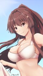 Rule 34 | 1girl, bikini, blue background, breasts, brown hair, cleavage, hair intakes, hair ribbon, highres, kantai collection, large breasts, long hair, looking at viewer, mesera, one-hour drawing challenge, ponytail, purple eyes, red ribbon, ribbon, simple background, smile, solo, swimsuit, twitter username, upper body, white bikini, yamato (kancolle)