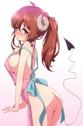 Rule 34 | 1girl, ahoge, apron, ass, blush, breasts, brown eyes, brown hair, covered erect nipples, curled horns, demon girl, demon horns, demon tail, from side, gradient background, highres, horns, large breasts, long hair, machikado mazoku, medium breasts, mel (melty pot), naked apron, nearly naked apron, pink background, ponytail, sideboob, simple background, solo, sweat, tail, yoshida yuuko (machikado mazoku)