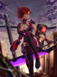 Rule 34 | 1girl, absurdres, armor, bodysuit, breasts, cleavage, closed mouth, cloud, cloudy sky, forehead, highres, honkai (series), honkai impact 3rd, large breasts, mole, mole on breast, murata himeko, murata himeko (scarlet fusion), one eye closed, outdoors, red bodysuit, red hair, rubble, sitting, sky, solo, sunset, sword, traffic light, weapon, yellow eyes, zomzomzomsauce