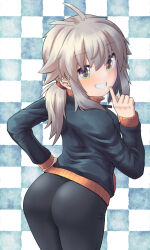 Rule 34 | 1girl, antenna hair, ass, bike shorts, black jacket, black shorts, blush, brown hair, checkered background, commentary request, from behind, green eyes, grin, hair between eyes, hand on own hip, hand up, highres, jacket, koshirae tsurugi (m.m), long hair, long sleeves, looking at viewer, looking back, low ponytail, m.m, original, ponytail, shorts, sleeves past wrists, smile, solo, track jacket