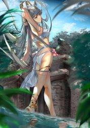Rule 34 | 1girl, absurdres, animal ears, arknights, armpits, arms up, ass, bare legs, blue sky, breasts, brown eyes, cloud, commentary request, day, grey hair, highres, huge filesize, laurel crown, medium breasts, mika uni, official alternate costume, outdoors, partial commentary, platinum (arknights), platinum (shimmering dew) (arknights), ripples, sky, solo, standing, thighlet, thighs, water
