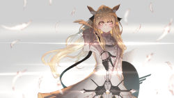 Rule 34 | 1girl, absurdres, animal ears, arknights, black gloves, blemishine (arknights), blemishine (elite ii) (arknights), blonde hair, dress, feathers, gloves, highres, horse ears, long hair, ponytail, shica deer, shield, smile, sword, weapon, white dress, yellow eyes