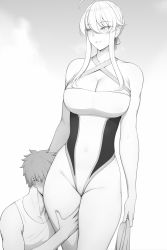 Rule 34 | 1boy, 1girl, ahoge, artoria pendragon (fate), artoria pendragon (lancer) (fate), blush, breasts, cleavage, curvy, emiya shirou, fate/grand order, fate (series), greyscale, hetero, highres, large breasts, long hair, lvl (sentrythe2310), monochrome, one-piece swimsuit, short hair, sweat, swimsuit, thick thighs, thigh grab, thigh worship, thighs, wide hips