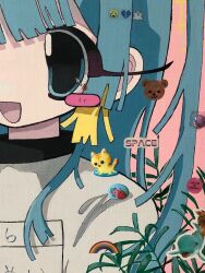Rule 34 | 1girl, :d, blue eyes, blue hair, blush stickers, cat, close-up, cropped, cursor, dolphin, emoji, grey shirt, highres, light blue hair, long eyelashes, long hair, looking at viewer, momose kikuka, open mouth, original, pink background, plant, rainbow, shirt, smile, solo, sticker, stuffed animal, stuffed toy, teddy bear, traditional media, upper body, waves