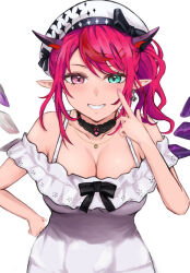 Rule 34 | 1girl, bare shoulders, beret, black choker, blue eyes, bow, bracken starch dumpling, breasts, choker, cleavage, collarbone, cross-shaped pupils, crystal wings, double halo, dress, earrings, gold necklace, grin, halo, hat, heterochromia, hololive, hololive english, horns, irys (casualrys) (hololive), irys (hololive), jewelry, lace-trimmed choker, lace trim, large breasts, leaning forward, long hair, looking at viewer, mismatched earrings, multicolored hair, necklace, pink eyes, pointing, pointing at self, pointy ears, purple hair, red hair, side ponytail, sidelocks, simple background, smile, solo, sparkle print, straight-on, swept bangs, symbol-shaped pupils, upper body, virtual youtuber, white dress