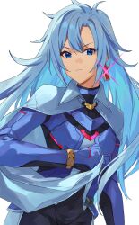 Rule 34 | 1girl, a (xenoblade), armor, blue eyes, cape, cape grab, closed mouth, clothes grab, collared cape, earrings, hair between eyes, hair intakes, highres, jewelry, kamu (kamuuei), light frown, long hair, looking at viewer, messy hair, simple background, single earring, solo, very long hair, xenoblade chronicles (series), xenoblade chronicles 3, xenoblade chronicles 3: future redeemed