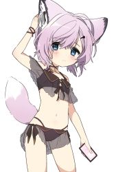 Rule 34 | 1girl, animal ears, arknights, bikini, black bikini, blue eyes, cellphone, commentary request, earpiece, flat chest, fox ears, fox girl, fox tail, hand up, highres, holding, holding phone, material growth, navel, official alternate costume, oripathy lesion (arknights), phone, pink hair, short hair, simple background, smartphone, solo, sussurro (arknights), sussurro (summer flower) (arknights), swimsuit, tail, white background, yukijiro