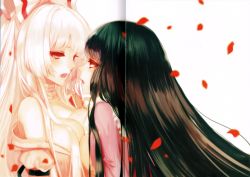 Rule 34 | 2girls, absurdres, after kiss, albino, apt, bandages, black hair, breasts, crease, fujiwara no mokou, hair ornament, hair ribbon, highres, houraisan kaguya, huge filesize, long hair, long sleeves, looking at another, multiple girls, off shoulder, open clothes, open mouth, open shirt, petals, profile, puffy sleeves, red eyes, ribbon, saliva, saliva trail, scan, shirt, simple background, touhou, white background, white hair, yuri