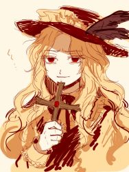 Rule 34 | 1girl, blonde hair, brown hat, brown vest, cross, extra, eyelashes, frilled hat, frills, hat, hat feather, highres, holding, holding cross, jacket girl (dipp), kuya (hey36253625), limited palette, long sleeves, red eyes, touhou, upper body, vest, wavy hair