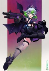 Rule 34 | 1girl, apex legends, apricot the lich, apricot the lich (1st costume), artist name, blue hair, bra, commentary, demon wings, english commentary, eva-8 shotgun, frog, froggyloch, green eyes, green hair, gun, highres, holding, holding gun, holding weapon, horns, jacket, multicolored hair, multiple horns, nail polish, off shoulder, open mouth, purple bra, purple jacket, shotgun, single leg pantyhose, single thighhigh, smile, solo, spikes, strap, streaked hair, thighhighs, tiara, underwear, virtual youtuber, vshojo, weapon, wings