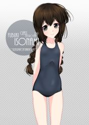 Rule 34 | 1girl, arms behind back, artist name, black eyes, black hair, black one-piece swimsuit, blush, braid, character name, checkered background, collarbone, commentary request, cowboy shot, eyes visible through hair, flat chest, gradient background, grey background, hair between eyes, highres, inaba shiki, isonami (kancolle), kantai collection, looking at viewer, low twintails, new school swimsuit, one-hour drawing challenge, one-piece swimsuit, school swimsuit, sidelocks, simple background, smile, solo, swimsuit, twin braids, twintails