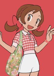 Rule 34 | 1girl, :d, alternate costume, bow, braid, brown eyes, brown hair, buttons, checkered clothes, checkered shirt, commentary, cowboy shot, creatures (company), elizabeth (tomas21), game freak, green bag, hair bow, hands up, highres, long hair, looking at viewer, lyra (pokemon), nintendo, open mouth, pink background, pokemon, pokemon hgss, shirt, short sleeves, shorts, simple background, smile, solo, twintails, w arms, white shorts