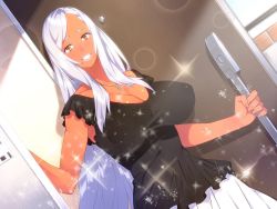 Rule 34 | 1girl, 23 (real xxiii), breasts, cleavage, covered erect nipples, cowboy shot, dark-skinned female, dark skin, door, doorway, dutch angle, female focus, game cg, grin, impossible clothes, indoors, jewelry, kasshoku danchi e youkoso, large breasts, lens flare, lips, lipstick, long hair, looking at viewer, makeup, mature female, mole, mole under mouth, necklace, open door, parted lips, sidelocks, silver hair, sleeveless, smile, solo, sparkle, sujata mitsuko, swept bangs, taut clothes, very long hair, yellow eyes