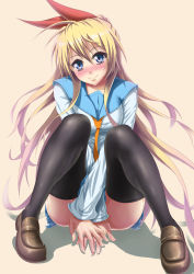 Rule 34 | 10s, 1girl, absurdres, bad id, bad pixiv id, black thighhighs, blonde hair, blue eyes, blush, covering privates, covering crotch, full body, hair ribbon, highres, kirisaki chitoge, knees together feet apart, loafers, long hair, nisekoi, ribbon, school uniform, shoes, simple background, sitting, smile, solo, thighhighs, vanzan