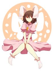 Rule 34 | 1girl, animal ears, between legs, black hair, bobby socks, carrot, carrot necklace, closed mouth, dress, flat chest, full body, hair between eyes, hand between legs, inaba tewi, jewelry, knees together feet apart, looking at viewer, necklace, no shoes, pendant, pink dress, puffy short sleeves, puffy sleeves, rabbit ears, red eyes, sash, satou rin (gobugabuge), short hair, short sleeves, sitting, socks, solo, touhou, two-tone background, white socks