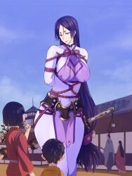 Rule 34 | 1girl, 2boys, bdsm, blue hair, bondage, bound, cowboy shot, fate/grand order, fate (series), hao718, height difference, highres, japan, japanese clothes, long hair, long sleeves, minamoto no raikou (fate), multiple boys, purple eyes, shibari, sword, tall female, weapon