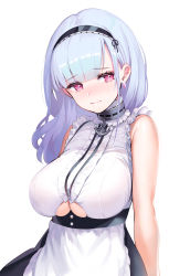 Rule 34 | 1girl, anchor choker, anchor necklace, apron, azur lane, bare shoulders, black hairband, blunt bangs, breasts, center frills, choker, closed mouth, clothing cutout, collar, commentary request, dido (azur lane), dress, earrings, eating, frilled apron, frilled choker, frills, hairband, heart, heart earrings, highres, jewelry, kiyosato 0928, lace-trimmed hairband, lace trim, large breasts, maid, maid apron, necklace, red eyes, shirt, silver hair, sleeveless, sleeveless shirt, underboob, underboob cutout, waist apron, white apron