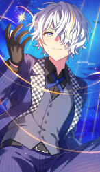 Rule 34 | 1boy, belt, black belt, black gloves, black shirt, blue eyes, blue sky, checkered clothes, closed mouth, commentary request, cowboy shot, dated, gloves, grey vest, hair over one eye, hand up, happy birthday, henmi sora, highres, jacket, looking at viewer, male focus, night, night sky, on air!, open clothes, open jacket, pants, purple jacket, purple pants, sekina, shirt, sky, smile, solo, star (sky), star (symbol), starry sky, striped clothes, striped jacket, striped pants, vertical-striped clothes, vertical-striped jacket, vertical-striped pants, vest, white hair