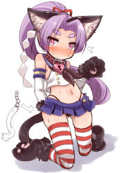 Rule 34 | 1girl, alternate costume, amagaeru (hylathewet), anal beads, anal tail, animal ears, animal hands, arm behind back, bare shoulders, black panties, blue skirt, blush, butt plug, buttons, cat ears, cat paws, cat tail, collar, cosplay, crop top, elbow gloves, eyebrows, fake tail, gloves, hair ornament, hair ribbon, hatsuharu (kancolle), heart-shaped lock, heart lock (kantai collection), highleg, highleg panties, highres, kantai collection, kneeling, long hair, looking at viewer, miniskirt, navel, panties, paw gloves, ponytail, purple eyes, purple hair, pussy juice, ribbon, sailor collar, school uniform, serafuku, sex toy, shide, shimakaze (kancolle), shimakaze (kancolle) (cosplay), short eyebrows, simple background, skirt, sleeveless, solo, striped clothes, striped thighhighs, sweat, tail, thighhighs, underwear, white background, white gloves