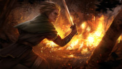 Rule 34 | 1boy, blonde hair, bogdan antoci, capelet, fighting stance, fire, forest, highres, holding, holding sword, holding weapon, long sleeves, male focus, manly, nature, night, outdoors, pants, running, serious, sword, viking, vinland saga, weapon