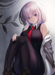 Rule 34 | 1girl, :o, bare shoulders, between breasts, black dress, black pantyhose, blush, breasts, brown footwear, chaldea logo, collared dress, commentary request, dress, eyes visible through hair, fate/grand order, fate (series), fingernails, grey jacket, hair between eyes, hair over one eye, highres, indoors, jacket, large breasts, light purple hair, looking at viewer, mash kyrielight, necktie, necktie between breasts, neko daruma, off shoulder, open clothes, open jacket, open mouth, pantyhose, purple eyes, red necktie, short hair, sitting, solo, tongue
