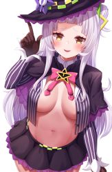 Rule 34 | 1girl, ako suke, alternate breast size, arm at side, black capelet, black gloves, black hat, black skirt, blunt bangs, breasts, capelet, commentary request, cone hair bun, gloves, hair bun, hat, highres, hololive, large breasts, long hair, long sleeves, looking at viewer, lowleg, lowleg skirt, murasaki shion, murasaki shion (1st costume), navel, one side up, open clothes, pinstripe pattern, pinstripe shirt, shirt, short eyebrows, sideboob, silver hair, single side bun, skirt, solo, striped clothes, striped legwear, striped shirt, striped thighhighs, thighhighs, tilted headwear, vertical-striped clothes, vertical-striped legwear, vertical-striped shirt, vertical-striped thighhighs, virtual youtuber, witch hat, yellow eyes