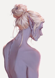 Rule 34 | 1girl, arms at sides, artist name, baldur&#039;s gate, baldur&#039;s gate 3, blonde hair, colored skin, commentary, dark elf, dungeons &amp; dragons, elf, english commentary, expressionless, from behind, hair bun, half-closed eyes, looking down, minthara, nude, paulina klime, pointy ears, purple skin, red eyes, short hair, shoulder blades, simple background, single hair bun, solo, upper body, white background