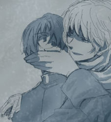 Rule 34 | 00s, 2boys, axis powers hetalia, black hair, blonde hair, eye contact, from behind, gloves, hand over mouth, jacket, japan (hetalia), looking at another, lowres, male focus, military, military uniform, monochrome, multiple boys, russia (hetalia), scarf, uniform
