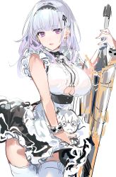 Rule 34 | 1girl, azur lane, black skirt, bracelet, breasts, clothing cutout, cowboy shot, dido (azur lane), earrings, frilled skirt, frills, gradient hair, hair intakes, hairband, highres, holding, holding sword, holding weapon, jewelry, large breasts, looking at viewer, multicolored hair, purple eyes, shirt, silver hair, sketch, skirt, sleeveless, smile, solo, standing, sword, thighhighs, umibouzu (niito), underboob, underboob cutout, weapon, white shirt, white thighhighs, zettai ryouiki