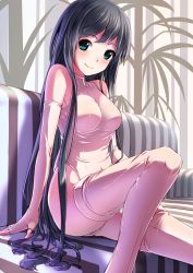 Rule 34 | 1girl, aqua eyes, bad google+ id, bad id, bare shoulders, black hair, bodysuit, breasts, couch, covered navel, elbow gloves, fingerless gloves, gloves, highleg, highleg leotard, highres, leotard, long hair, original, pink gloves, pink thighhighs, shadow, sitting, smile, solo, thighhighs, touboku, very long hair, white gloves, white thighhighs